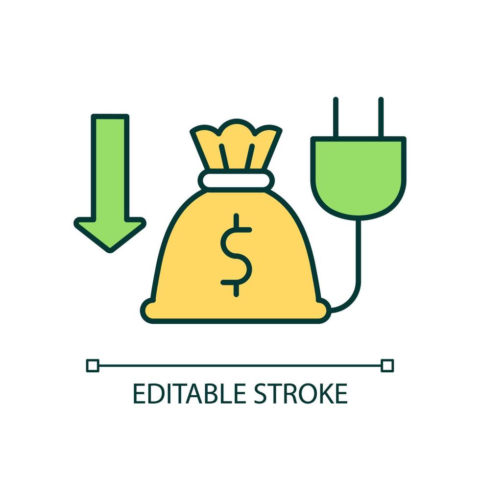 icône de couleur rvb d'électricité moins chère. déduction des factures de services publics. électrification abordable. illustration vectorielle isolée. dessin au trait rempli simple. trait modifiable. vecteur