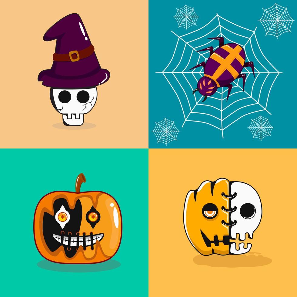 collection de mascottes d'halloween. sorcière, araignée, crâne et citrouille. parfait pour les icônes, les symboles, les signes, les cartes de voeux et les conceptions de t-shirts d'halloween vecteur