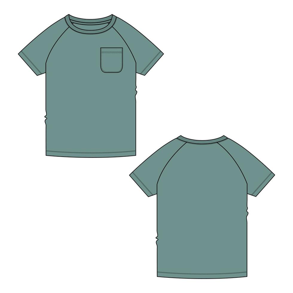 t-shirt raglan à manches courtes mode technique croquis plat illustration vectorielle modèle de couleur verte pour bébés garçons. vecteur