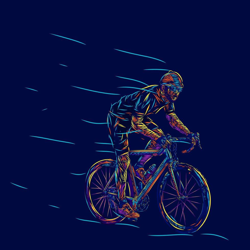 un homme faisant du vélo ligne pop art potrait logo design coloré avec un fond sombre. fond noir isolé pour t-shirt, affiche, vêtements, merch, vêtements, conception de badges vecteur