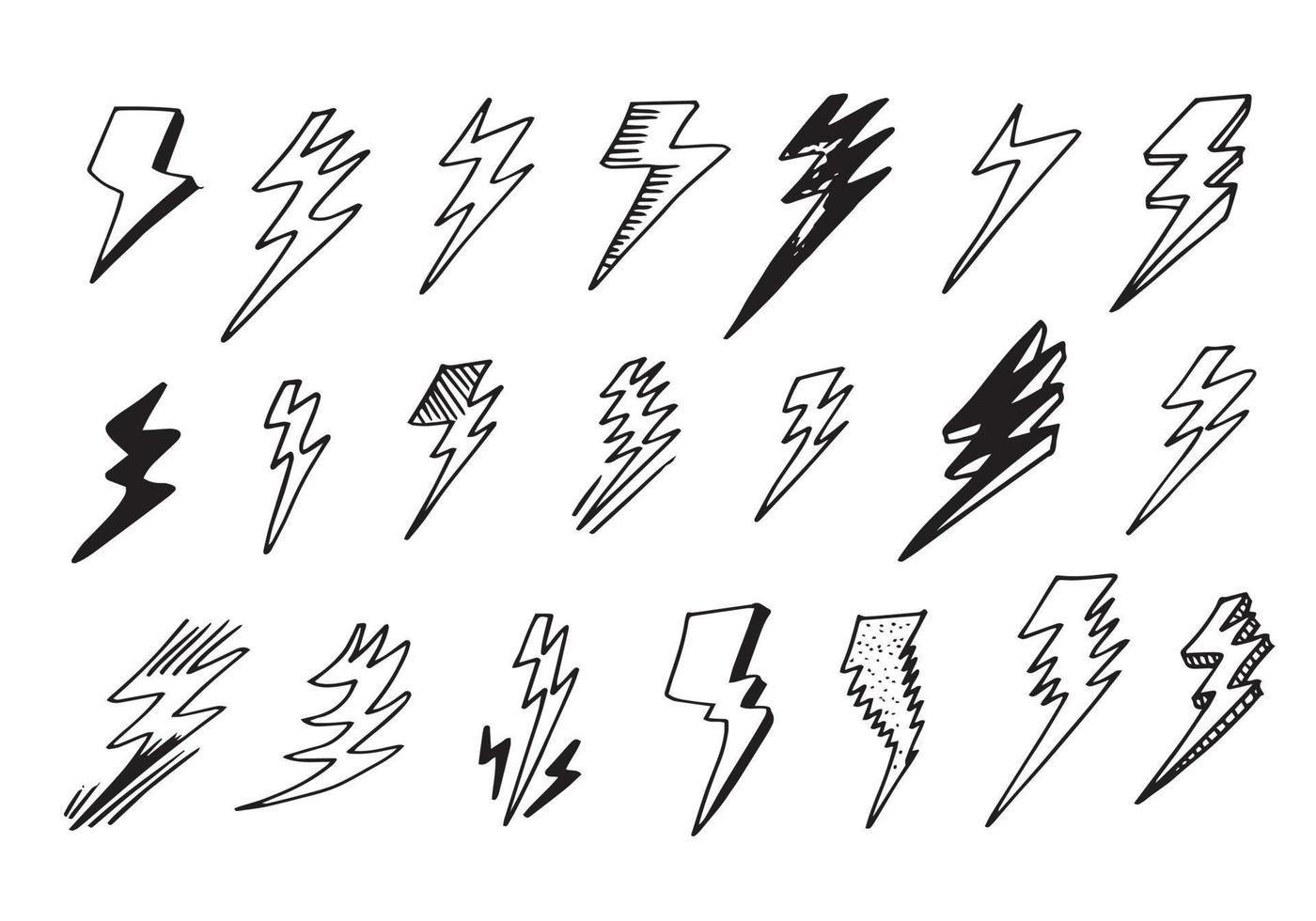 ensemble d'illustrations de croquis de symbole d'éclair électrique doodle vecteur dessinés à la main. icône de doodle de symbole de tonnerre.