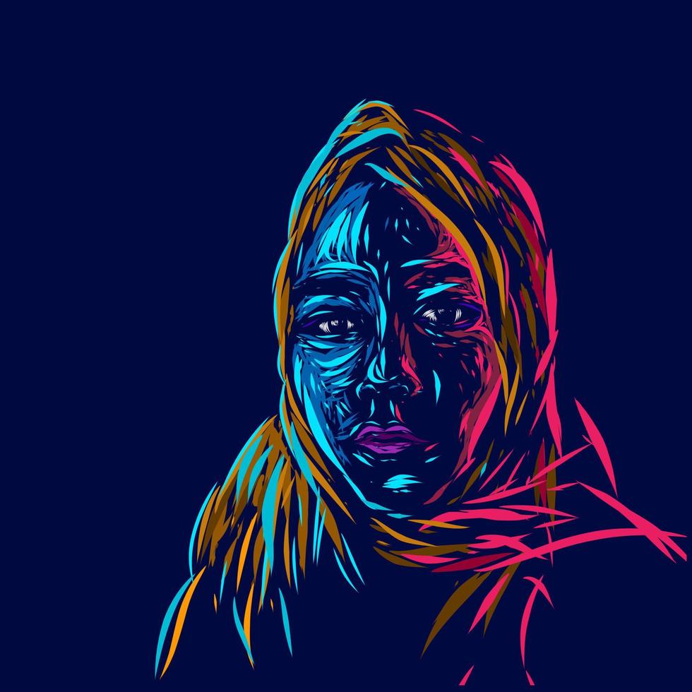 musulman islamique arabe femme ligne pop art potrait logo design coloré avec un fond sombre. fond noir isolé pour t-shirt vecteur