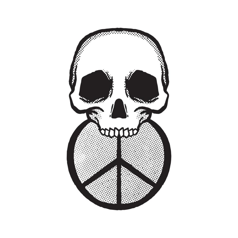crâne dessiné à la main avec illustration de doodle de logo de paix pour affiche d'autocollants de tatouage, etc. vecteur