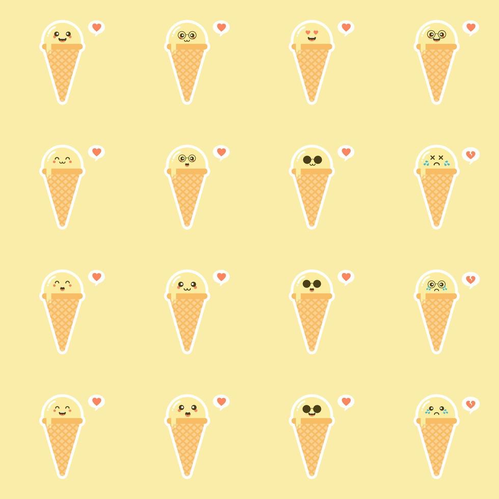 concept de nourriture de crème glacée. collection d'émoticônes emoji. personnages de dessins animés pour livre de coloriage pour enfants, pages à colorier, impression de t-shirt, icône, logo, étiquette, patch, autocollant. design moderne kawaii et mignon vecteur