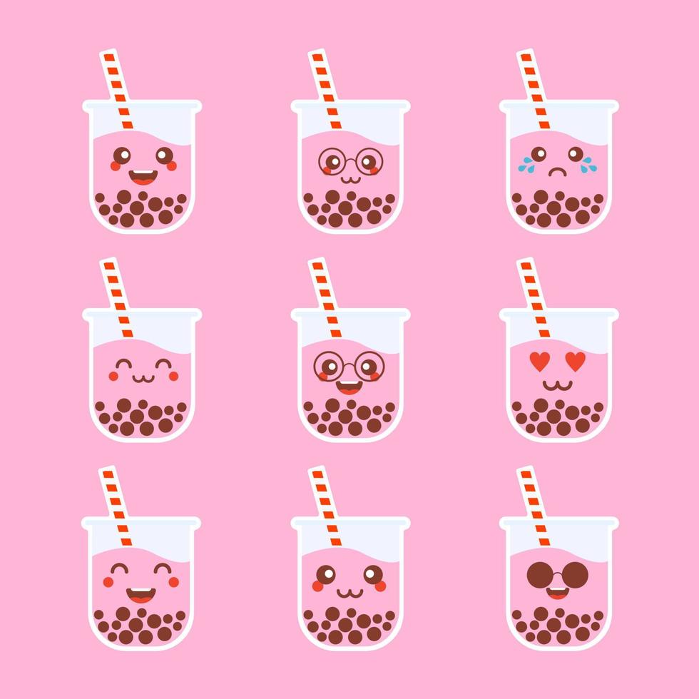 ensemble d'autocollants emoji mignons kawaii de thé au lait à bulles de dessin animé de personnages vecteur