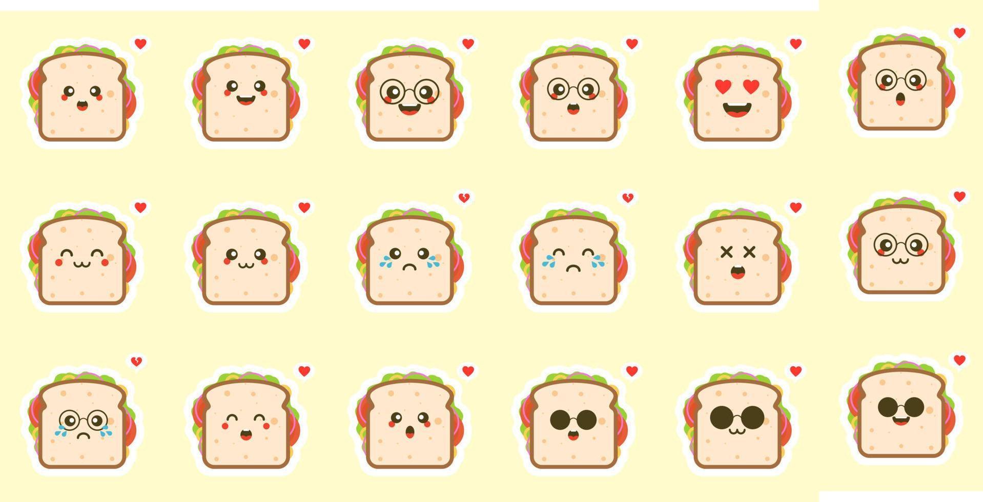 jeu de caractères sandwich mignon et kawaii, personnages de nourriture avec des visages drôles et illustration vectorielle de différentes émotions. peut utiliser pour le logo, le petit-déjeuner, l'élément de repas, le restaurant, la cuisine, le resto, la boulangerie, vecteur