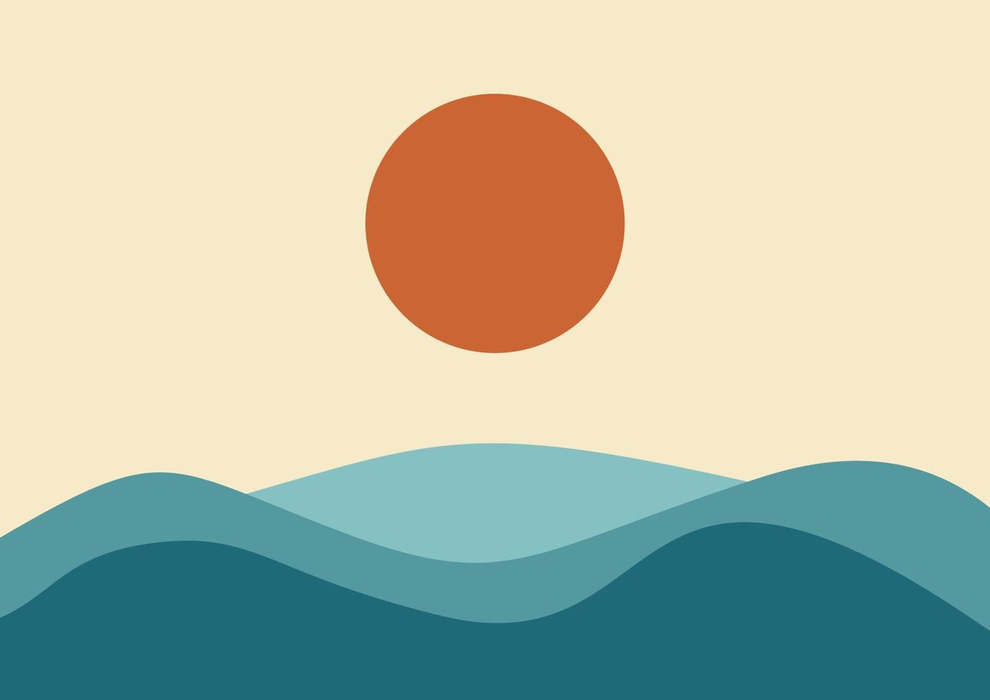conception de paysage minimaliste, carte postale de paysage plat, conception scandinave nordique, ensemble d'affiches montagnes lac coucher de soleil vecteur