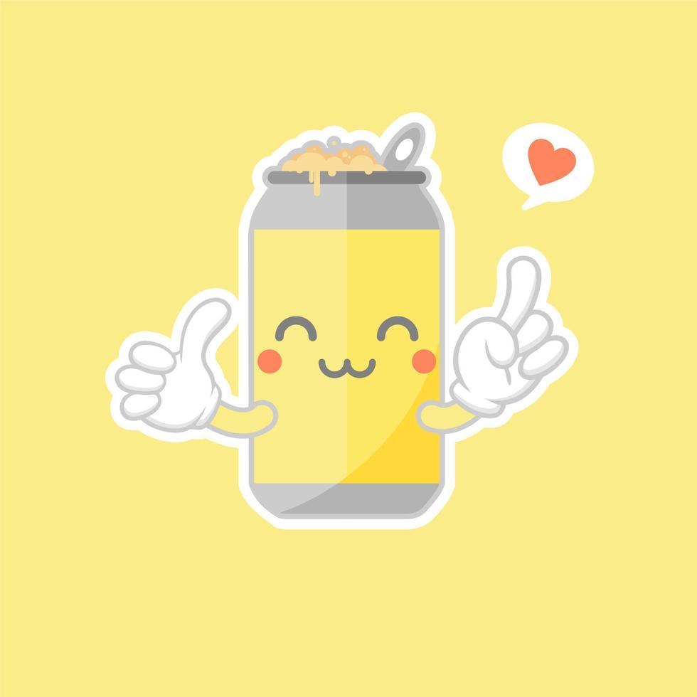 canettes de soda de dessin animé mignon et kawaii. mignon joli visage emoji émoticône, sourire, heureux. cola froid et soda. sucré mais riche en calories. vecteur