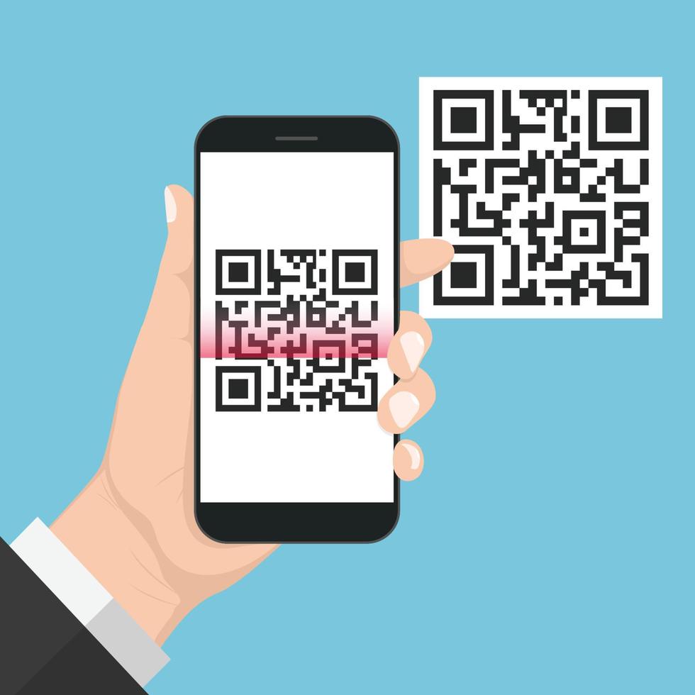 conception flash avec main longue ombre tenant le téléphone intelligent avec code qr à l'écran. le concept est l'analyse du code qr sur le téléphone intelligent, l'illustration de l'élément de conception vectorielle vecteur