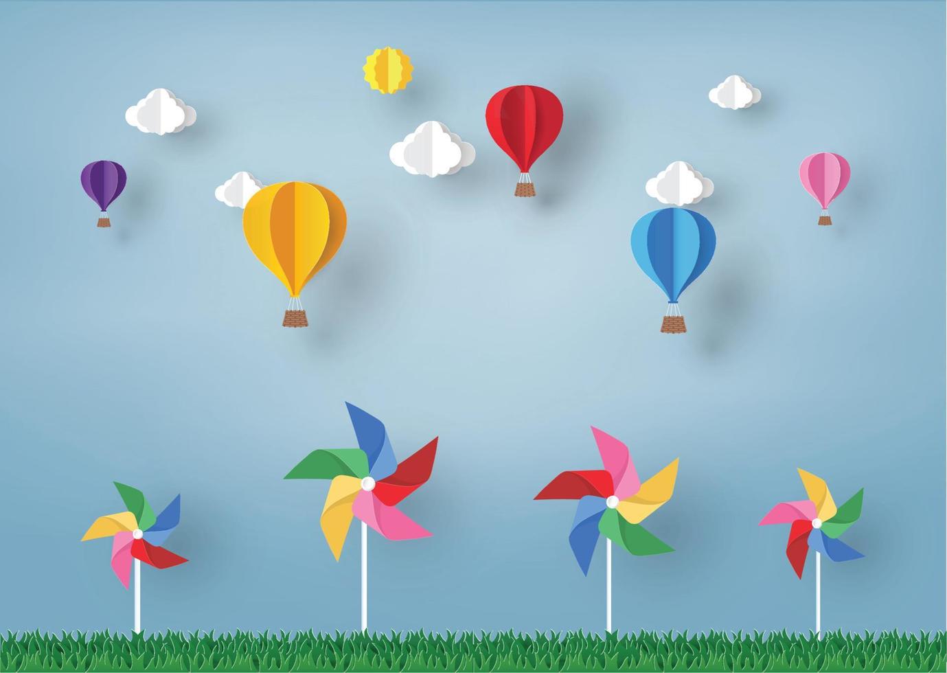 ballon coloré et nuage dans le ciel bleu et moulin à vent avec conception d'art en papier, élément de conception vectorielle et illustration vecteur