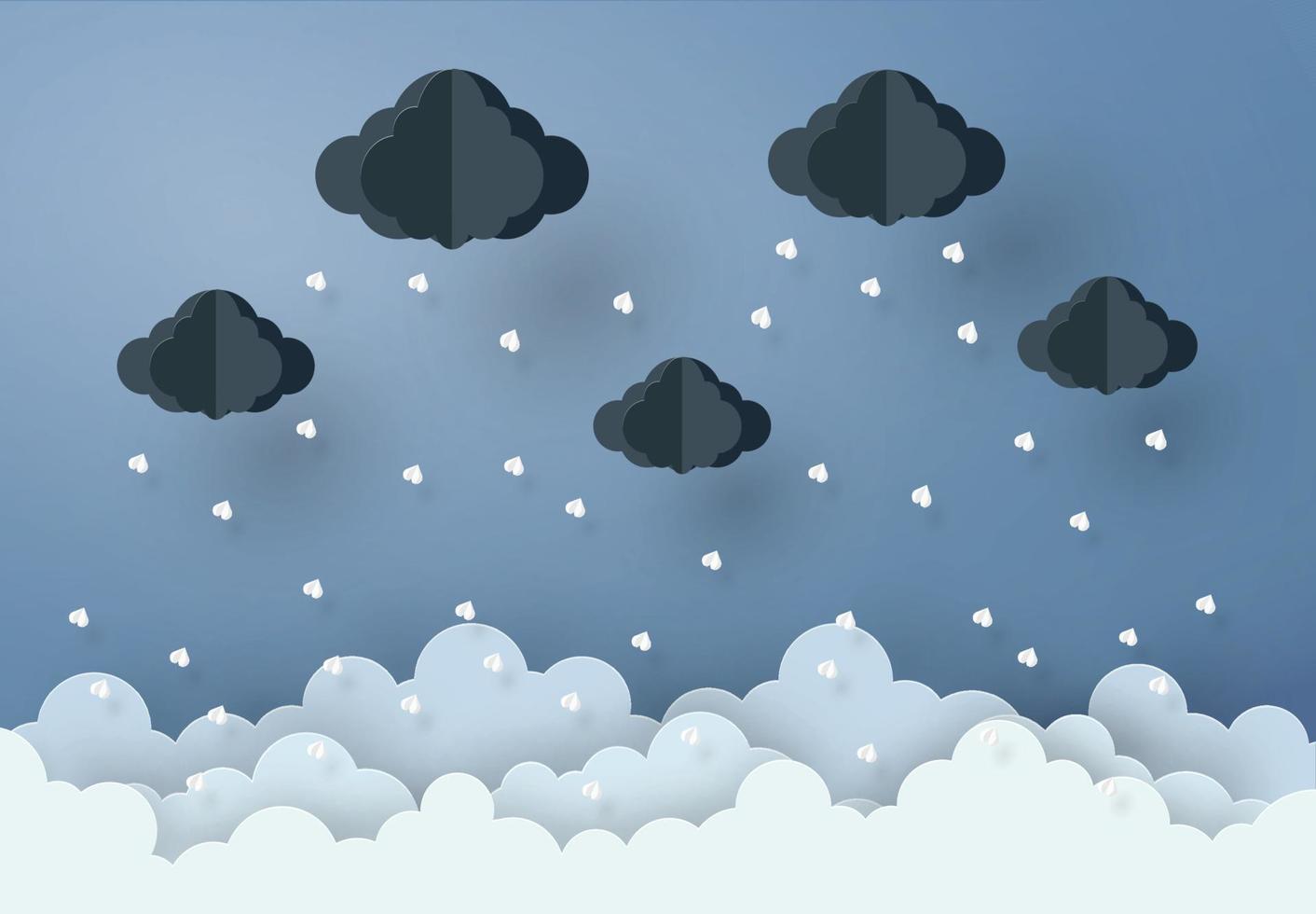 style de conception d'art papier le concept est la saison des pluies, les nuages et la pluie sur fond sombre, illustration d'élément de conception vectorielle vecteur