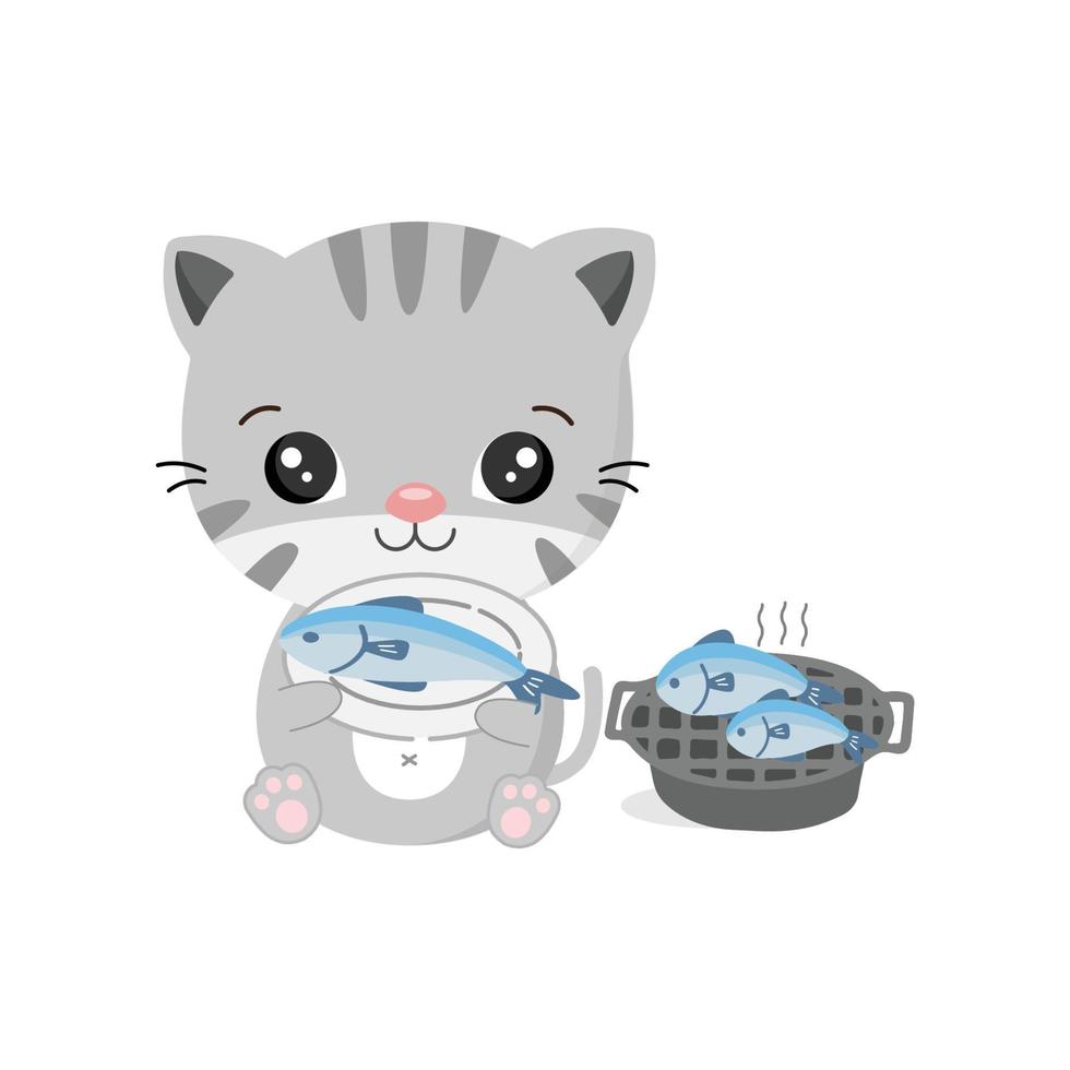 chat mignon tenant du poisson dans le plat. personnage de dessin animé animal vecteur