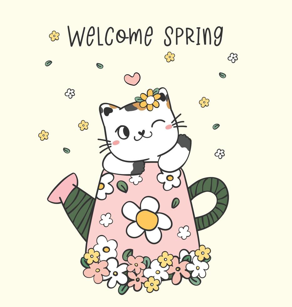 carte de voeux pour animaux de compagnie, mignon chat minou heureux dans un pot de fleurs dessin animé dessin vectoriel doodle, printemps de bienvenue