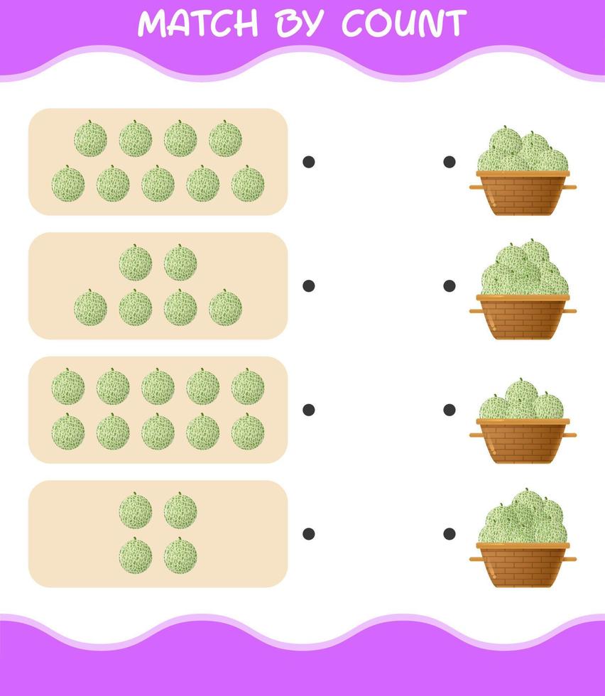 match par nombre de melon de dessin animé. match et jeu de comptage. jeu éducatif pour les enfants d'âge préscolaire et les tout-petits vecteur