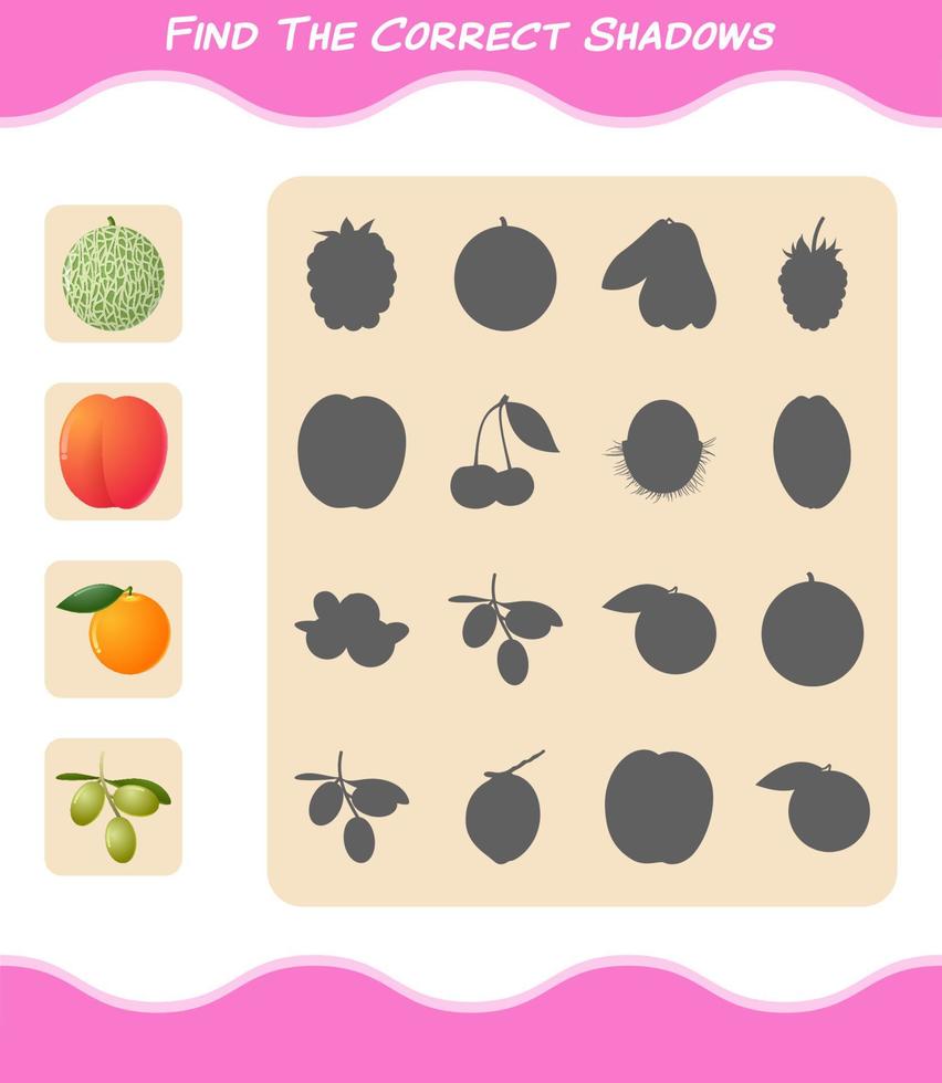 trouver les ombres correctes des fruits de dessin animé. jeu de recherche et d'association. jeu éducatif pour les enfants d'âge préscolaire et les tout-petits vecteur