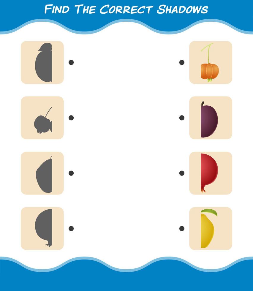 trouver les ombres correctes des fruits de dessin animé. jeu de recherche et d'association. jeu éducatif pour les enfants d'âge préscolaire et les tout-petits vecteur