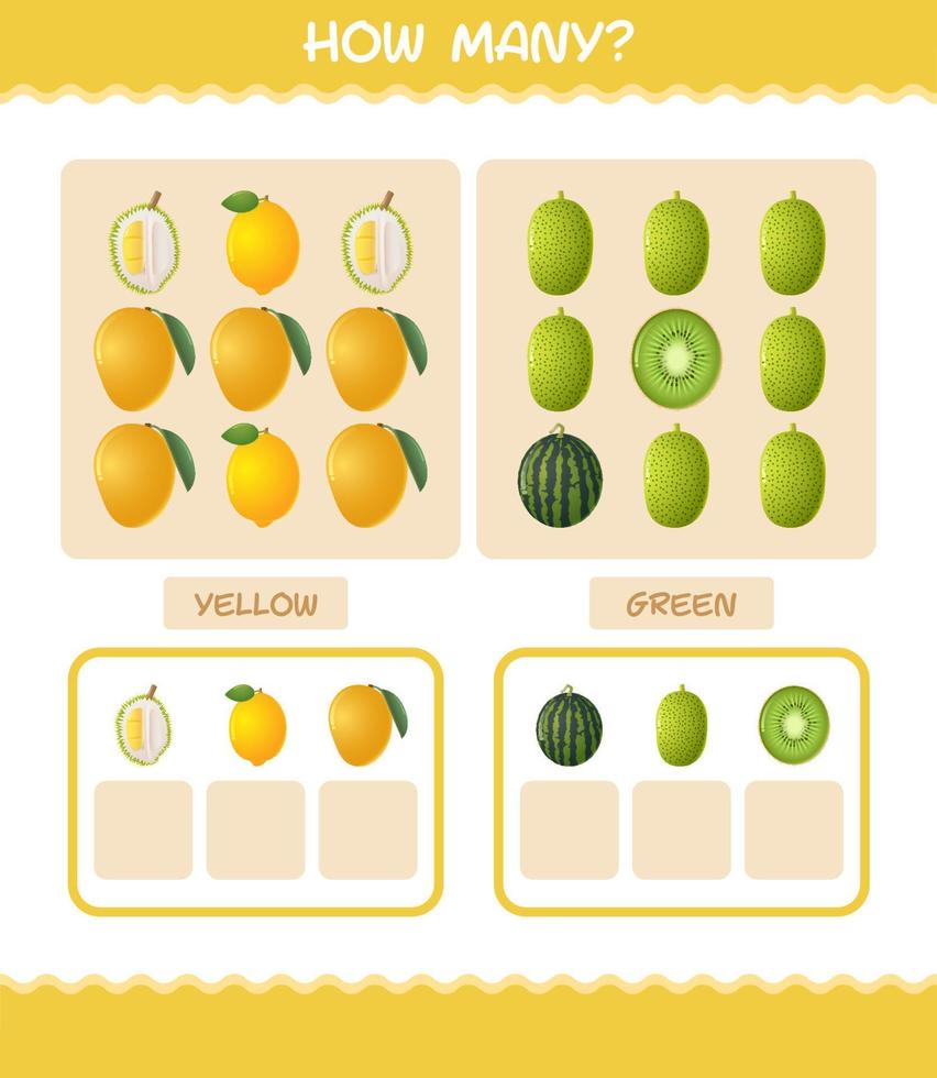 combien de fruits de dessin animé. jeu de comptage. jeu éducatif pour les enfants d'âge préscolaire et les tout-petits vecteur