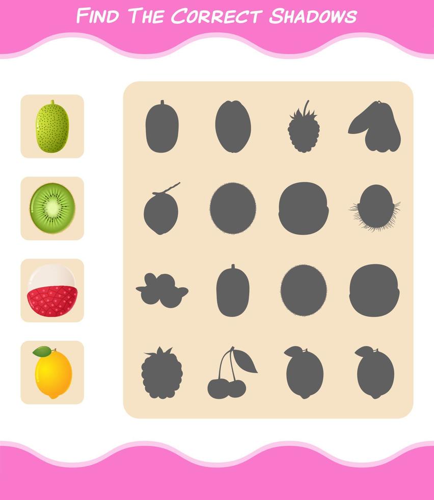 trouver les ombres correctes des fruits de dessin animé. jeu de recherche et d'association. jeu éducatif pour les enfants d'âge préscolaire et les tout-petits vecteur