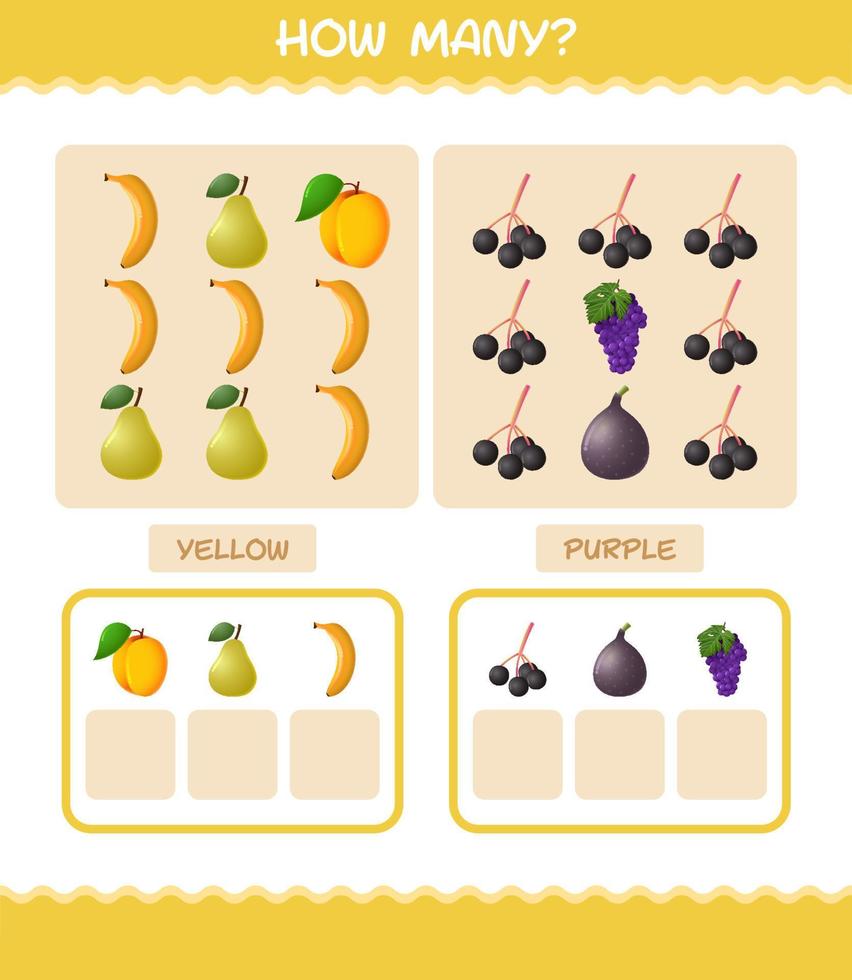 combien de fruits de dessin animé. jeu de comptage. jeu éducatif pour les enfants d'âge préscolaire et les tout-petits vecteur