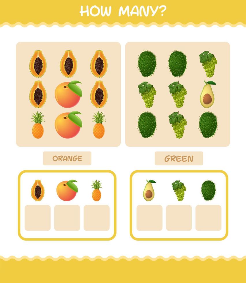 combien de fruits de dessin animé. jeu de comptage. jeu éducatif pour les enfants d'âge préscolaire et les tout-petits vecteur