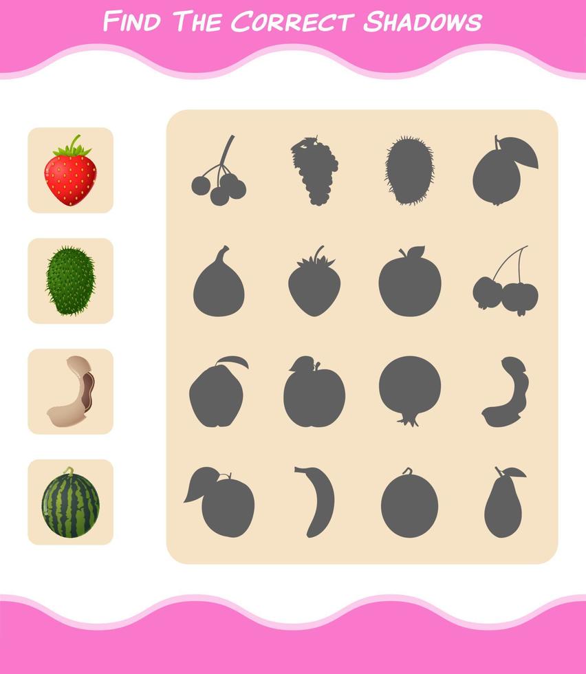 trouver les ombres correctes des fruits de dessin animé. jeu de recherche et d'association. jeu éducatif pour les enfants d'âge préscolaire et les tout-petits vecteur