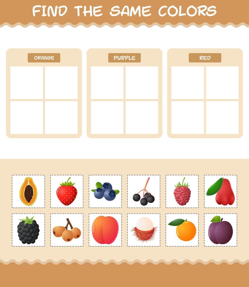 retrouver les mêmes couleurs de fruits. jeu de recherche et d'association. jeu éducatif pour les enfants d'âge préscolaire et les tout-petits vecteur