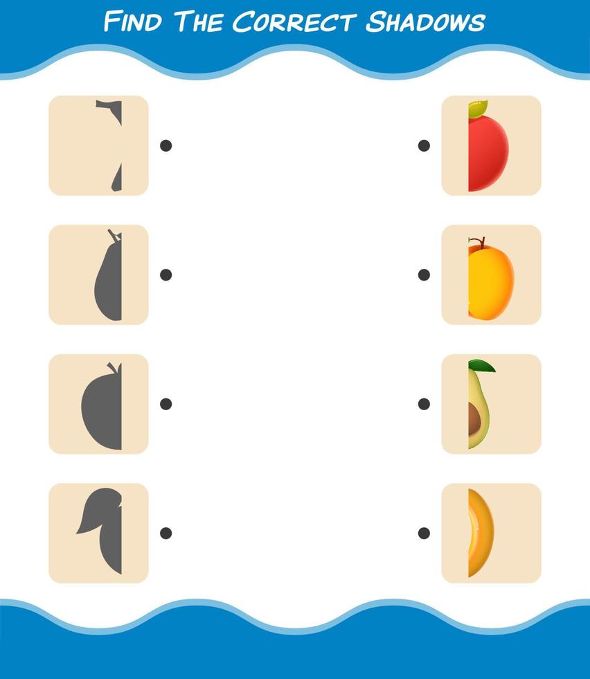 trouver les ombres correctes des fruits de dessin animé. jeu de recherche et d'association. jeu éducatif pour les enfants d'âge préscolaire et les tout-petits vecteur