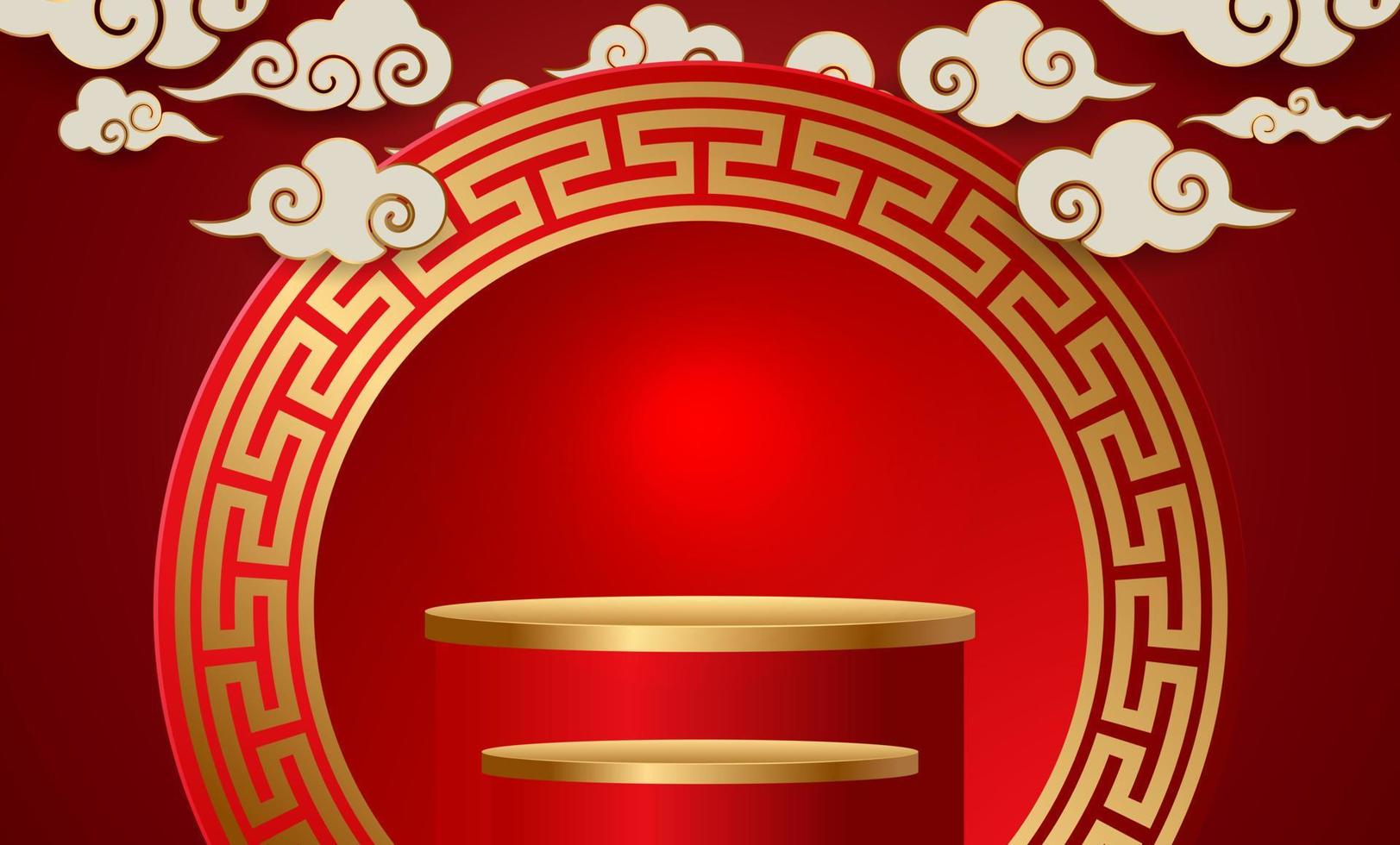 podium et arrière-plan pour le nouvel an chinois, festivals chinois, festival de la mi-automne, fleurs et éléments asiatiques en arrière-plan. vecteur