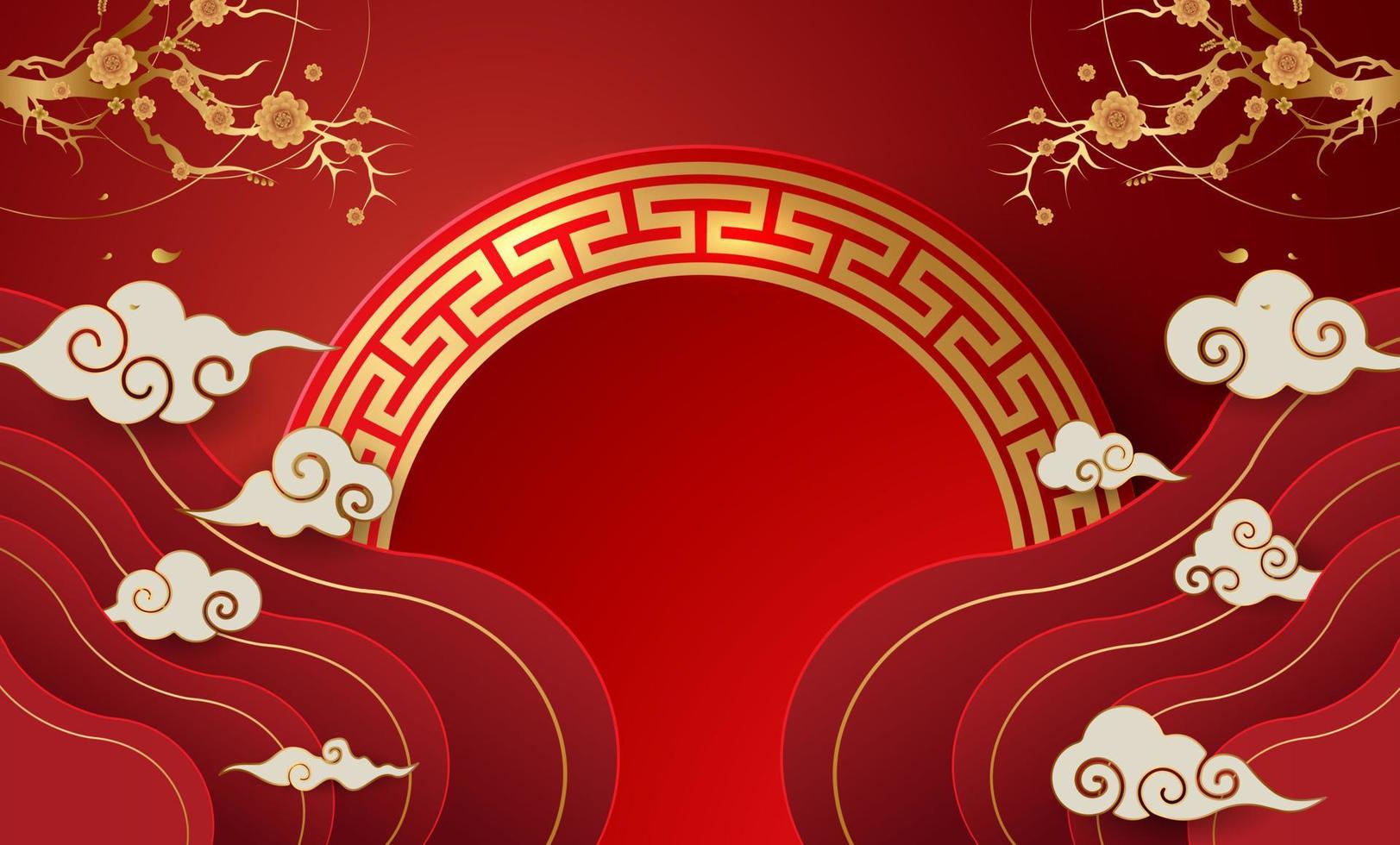 podium et arrière-plan pour le nouvel an chinois, festivals chinois, festival de la mi-automne, fleurs et éléments asiatiques en arrière-plan. vecteur