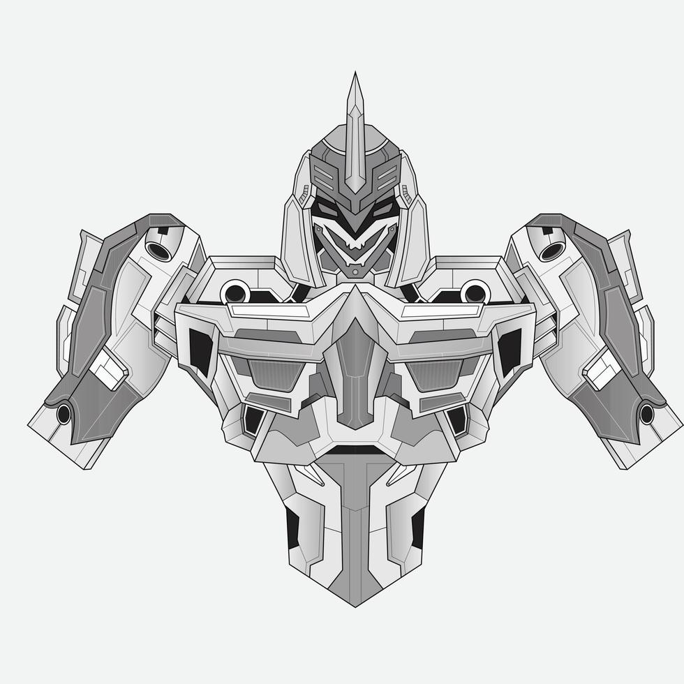 contour dessiné à la main robot chevalier guerrier cyborg en arrière-plan, parfait pour la conception de t-shirts, l'autocollant, l'affiche, la marchandise et le logo e-sport vecteur