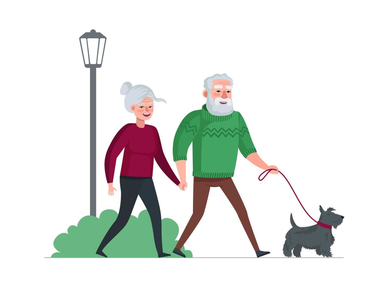 couple de personnes âgées grands-parents à la retraite marchant avec un chien au parc. les personnes âgées passent du temps à l'extérieur. les personnes âgées profitant de la promenade avec un animal de compagnie. relations de loisirs familiales. illustration vectorielle eps vecteur