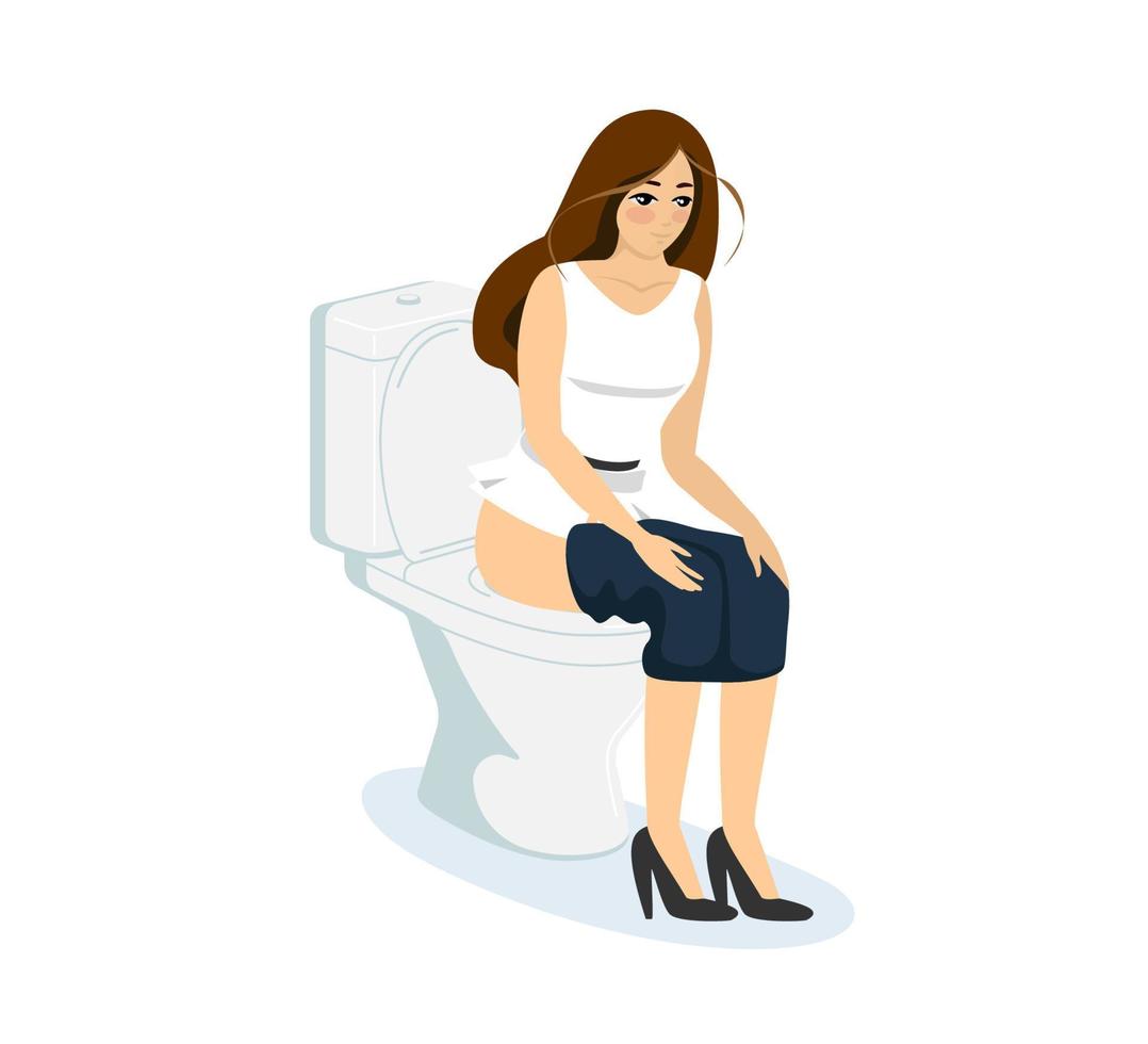 jeune femme réfléchie qui pisse ou fait caca dans les toilettes. fille assise sur la cuvette des toilettes dans les toilettes. personne de sexe féminin passant du temps dans les toilettes. illustration de vecteur isolé eps