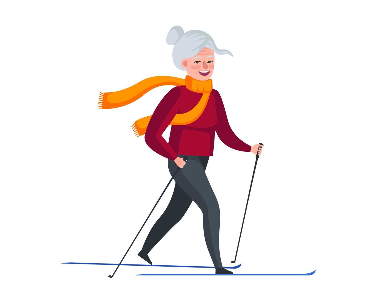 femme plus âgée faisant du ski. activité hivernale des femmes âgées. vieille dame mode de vie sain. grand-mère à la retraite qui déménage. loisirs joyeux retraité senior. amusement actif grand-mère vecteur eps illustration
