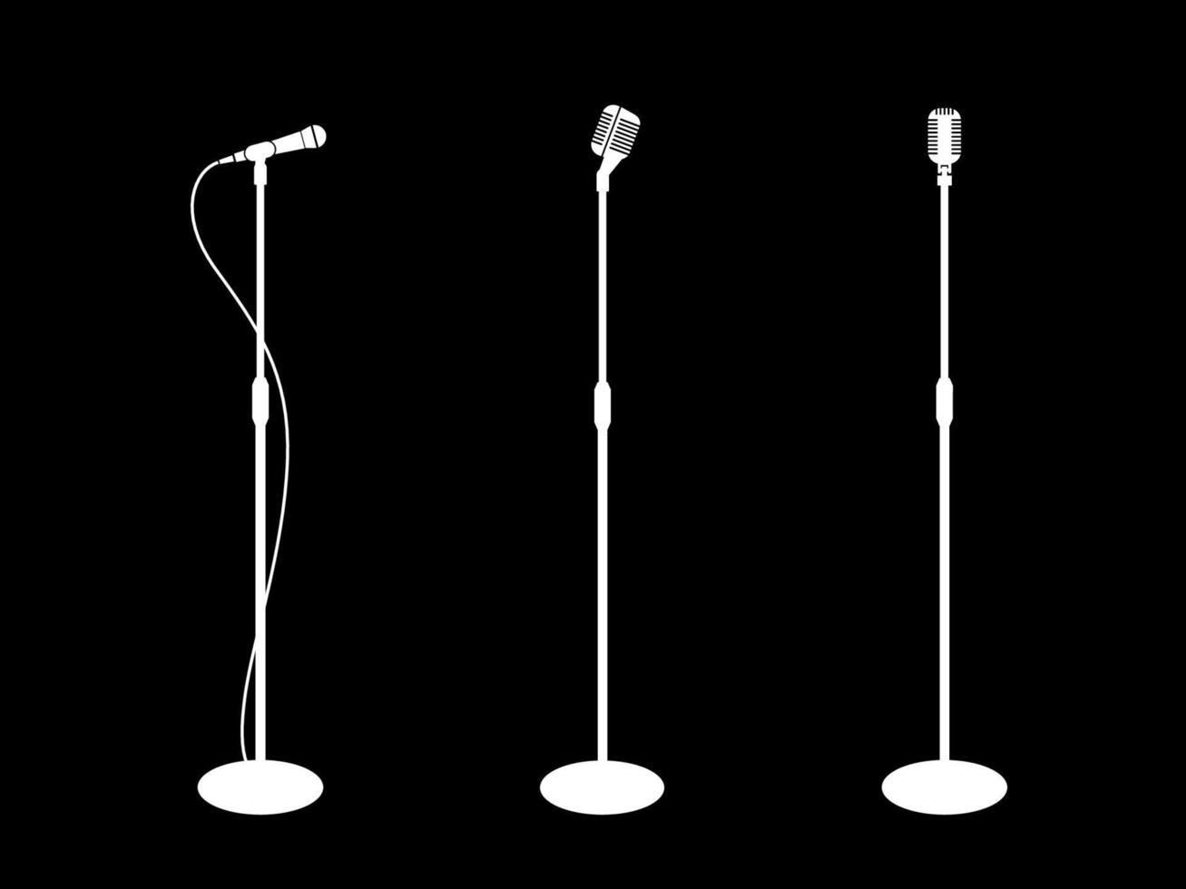 silhouette de microphone sur pied. trois microphones sur fond noir. microphone d'icône, micro. design plat, vecteur. vecteur