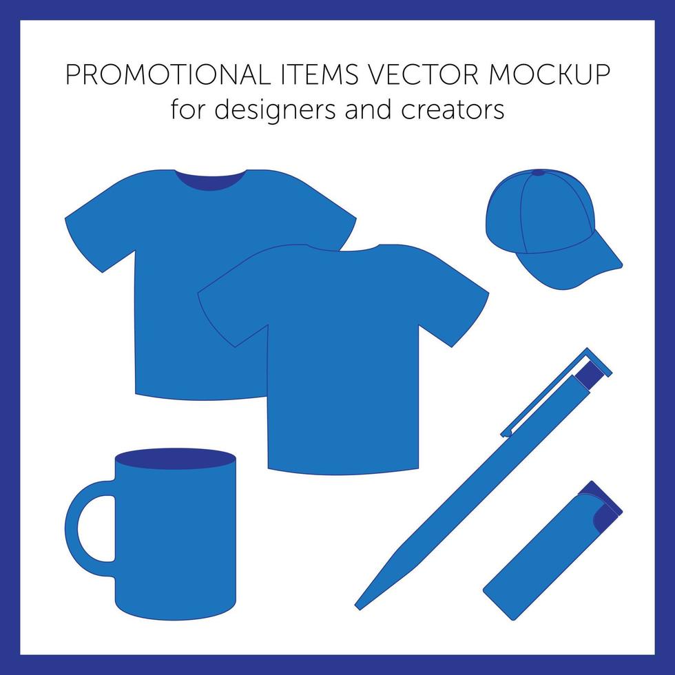 modèles de conception vierges pour la présentation ou les logos. t-shirt vecteur bleu, casquette, mug, stylo, briquet