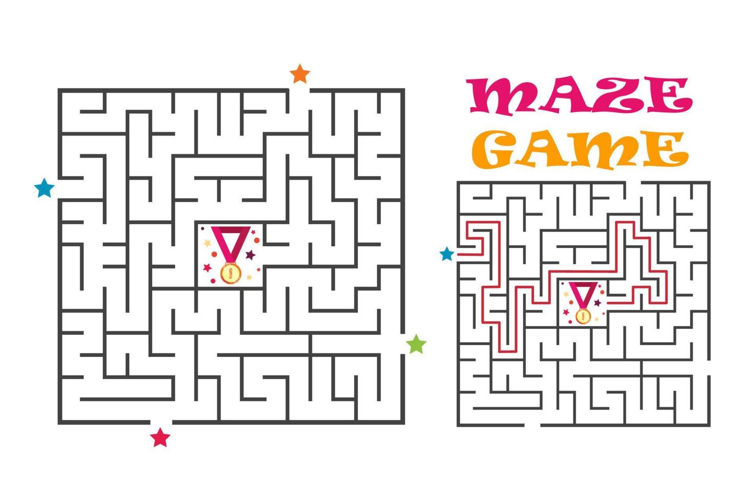 jeu de labyrinthe de labyrinthe carré pour les enfants. énigme logique avec médaille. quatre entrées et une bonne façon d'aller. illustration vectorielle plate isolée sur fond blanc. vecteur