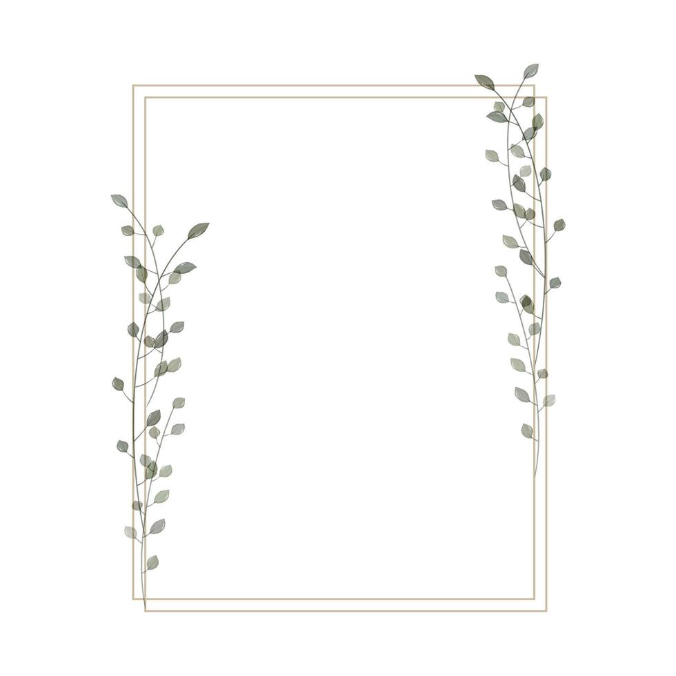 cadre rectangulaire de style rustique, minimaliste et aquarelle. bordure géométrique avec branches et feuilles aquarelles. cadre moderne pour faire-part de mariage design et carte de voeux. vecteur