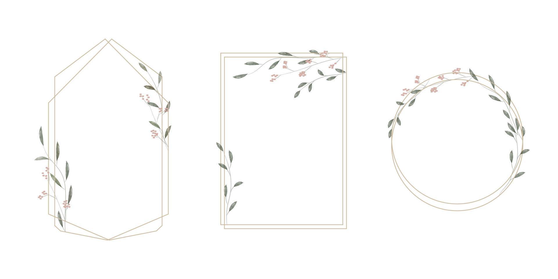 ensemble de cadres de style minimaliste, rustique et aquarelle. bordures géométriques avec branches, feuilles et fleurs aquarelles. cadres modernes pour faire-part de mariage design et carte de voeux. vecteur