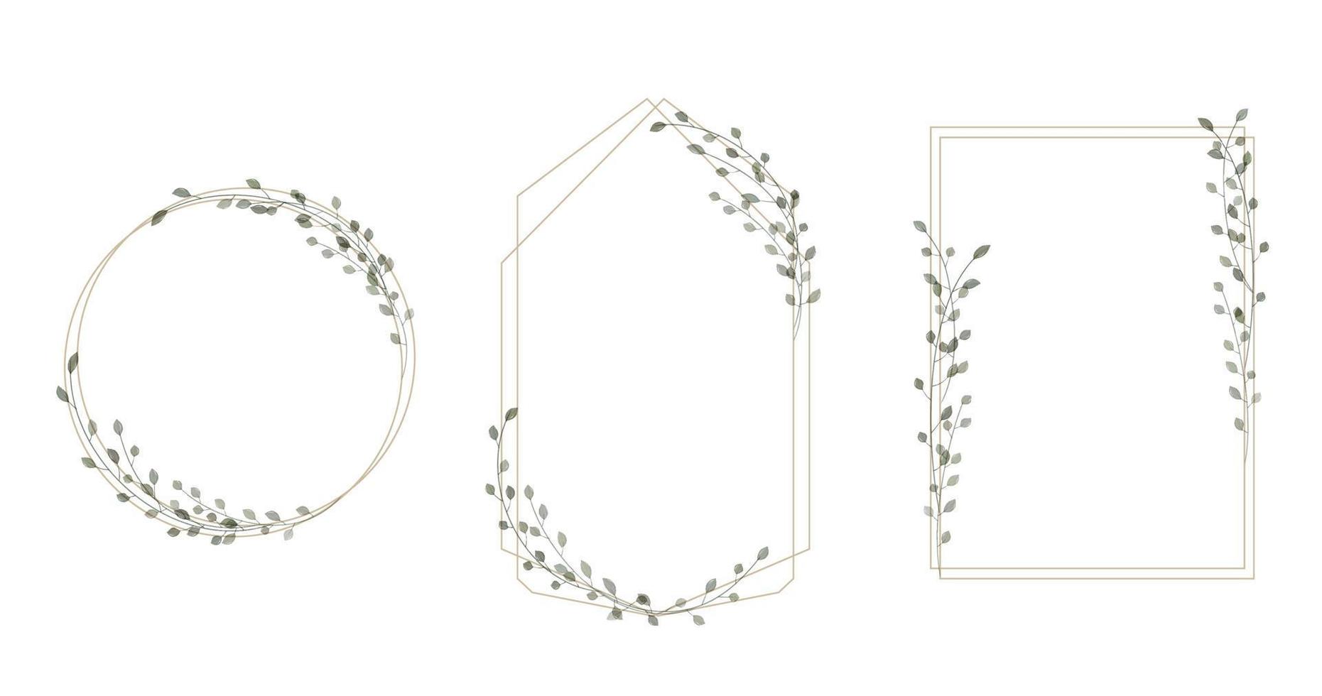 collection de cadres de style rustique, minimaliste et aquarelle. bordure géométrique avec branches et feuilles aquarelles. cadre moderne pour faire-part de mariage design et carte de voeux. vecteur