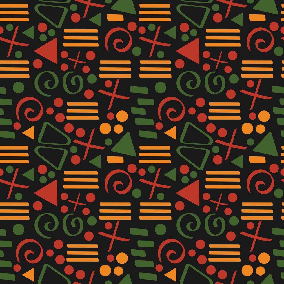 motif harmonieux ethnique tribal africain avec des lignes simples et des figures en rouge, jaune et vert. vecteur fond noir traditionnel, textile, papier, tissu. kwanzaa, mois de l'histoire des Noirs, le 19 juin.