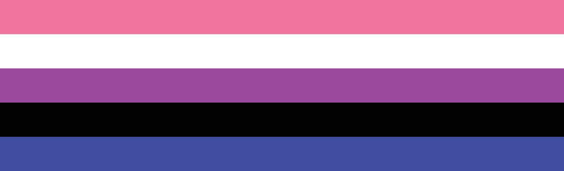 drapeau de fierté genderfluid - rayures horizontales rose - féminité, bleu - masculinité, violet - à la fois masculinité, féminité, noir - manque de genre, blanc vecteur