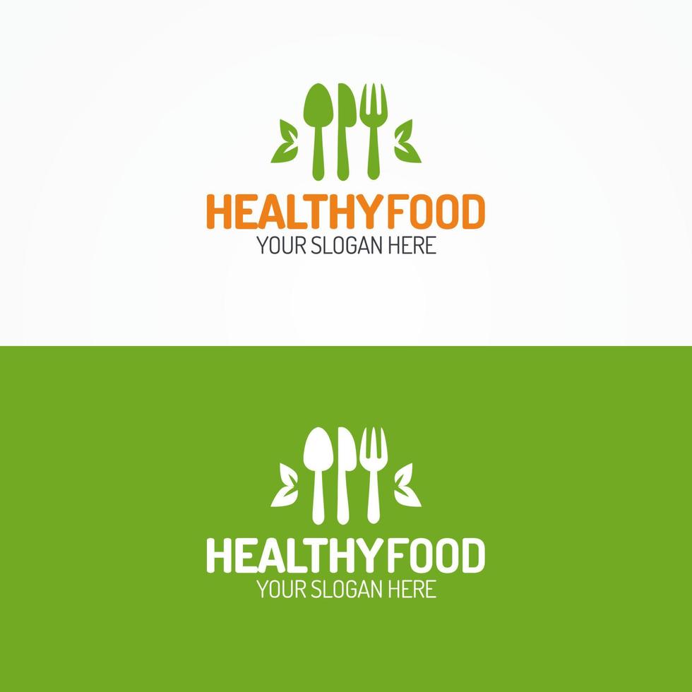 logo d'aliments sains composé d'une silhouette de cuillère, couteau, fourchette et feuilles vecteur