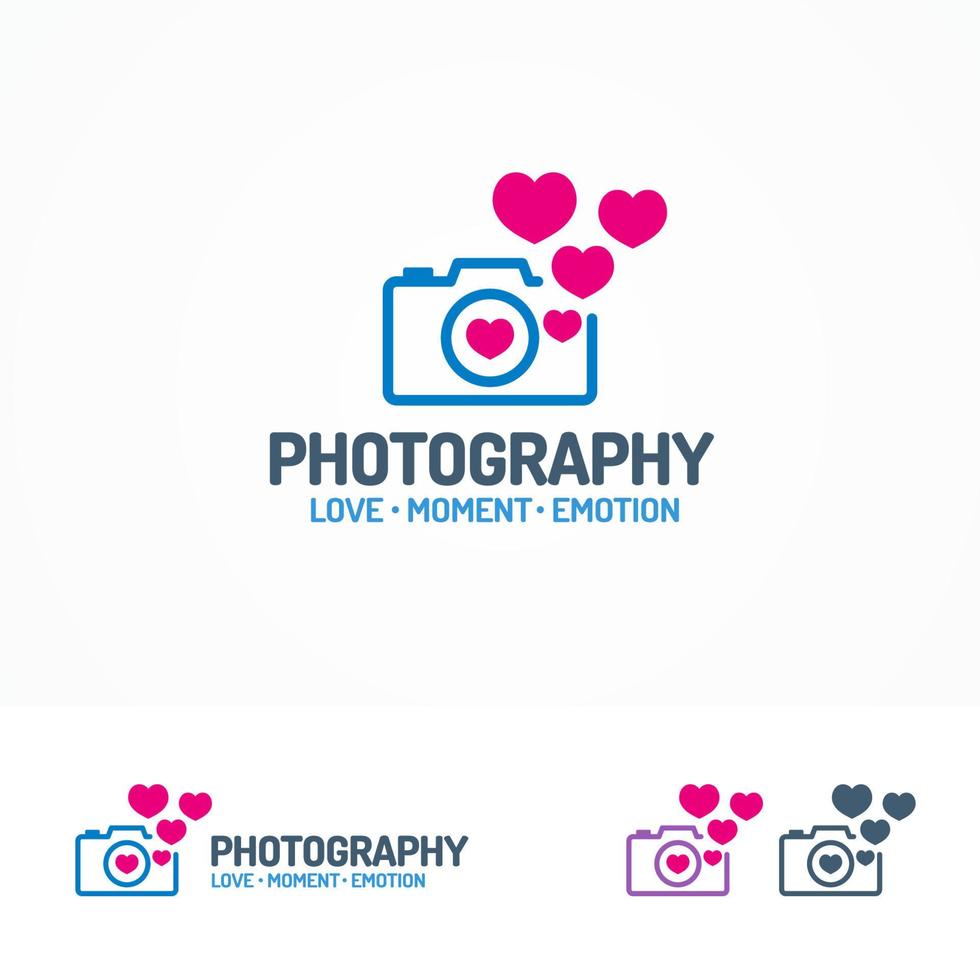 logo de photographie serti d'appareil photo et de coeurs vecteur