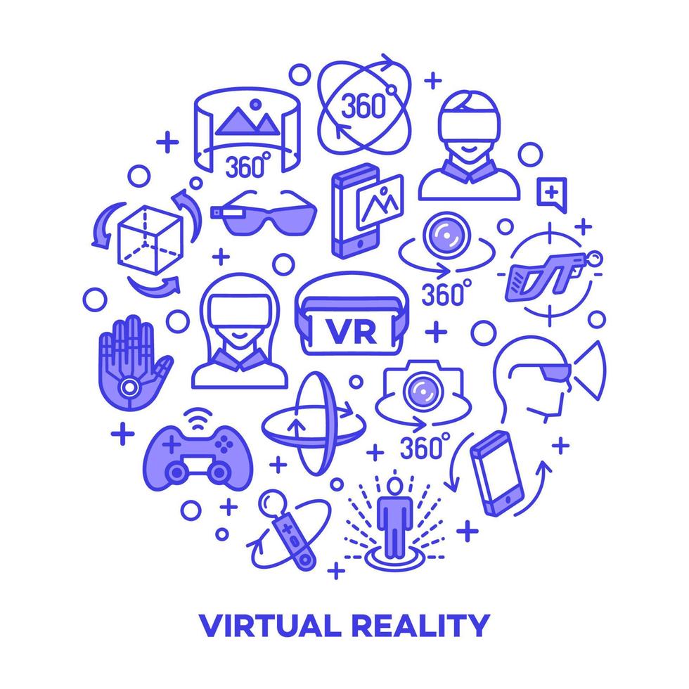 concept de réalité virtuelle avec des icônes de couleur isolés sur fond blanc. 360 degrés, panorama, icône de casque de réalité virtuelle. illustration vectorielle vecteur