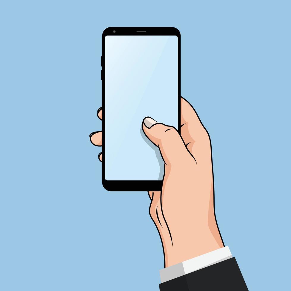 main de style design plat tenant avec l'écran vide du smartphone, illustration de l'élément de conception vectorielle vecteur