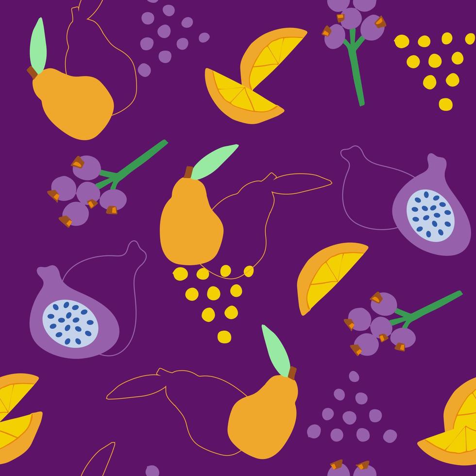 dessin abstrait sans soudure. fruits dessinés à la main dans une forme simple. raisins, poire jaune, rondelles d'orange et figues vecteur