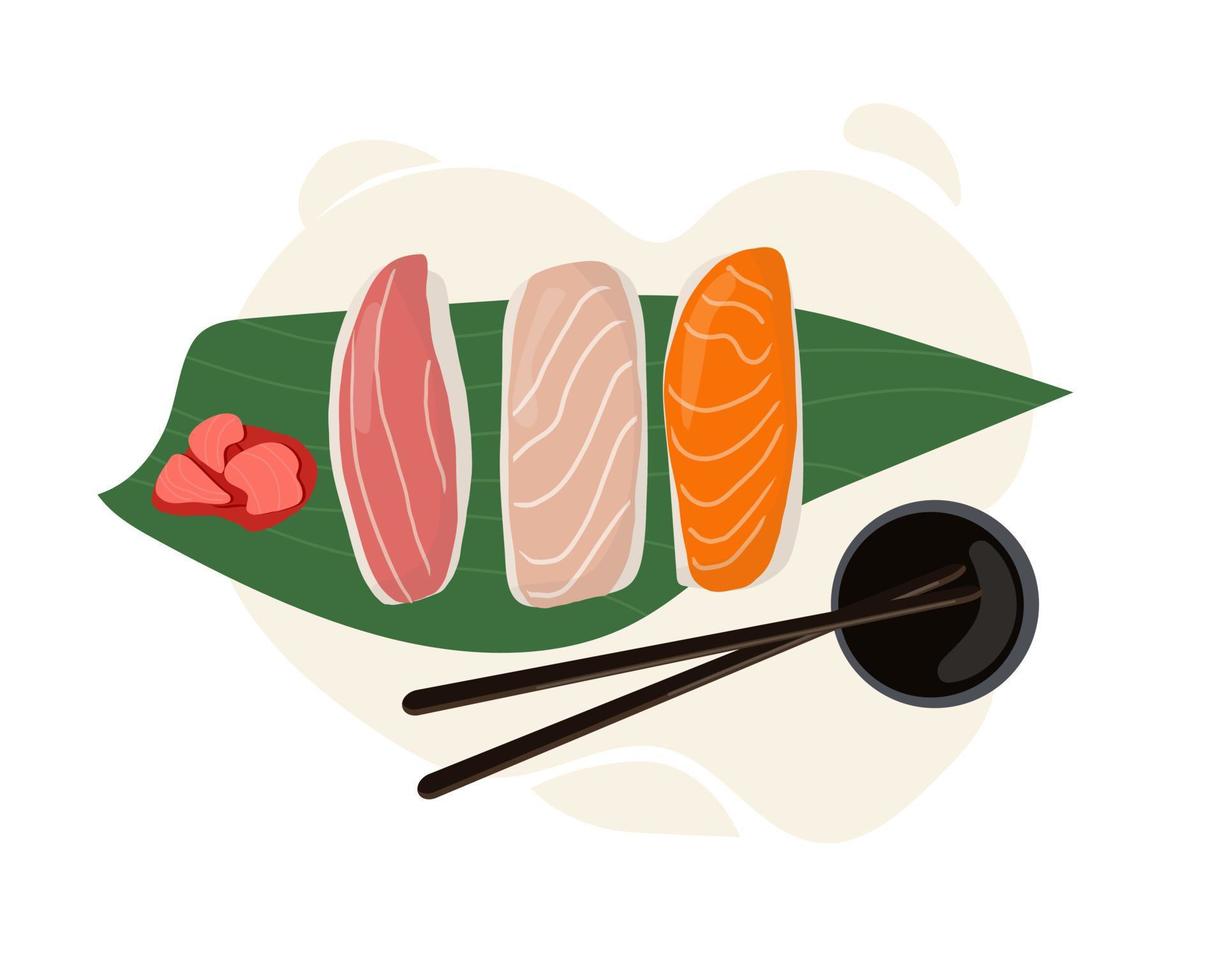 ensemble de plats japonais traditionnels de petits pains et de sushis aux fruits de mer. servi sur une feuille de palmier vecteur