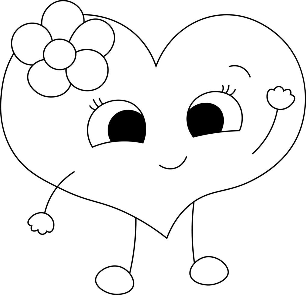 coeur de dessin animé mignon avec fleur bleue en noir et blanc vecteur