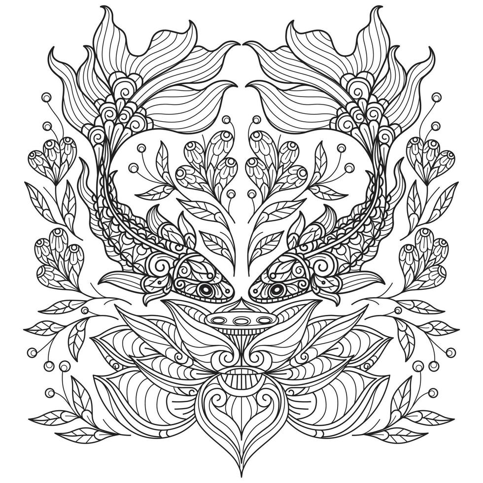 poisson et lotus dessinés à la main pour livre de coloriage adulte vecteur