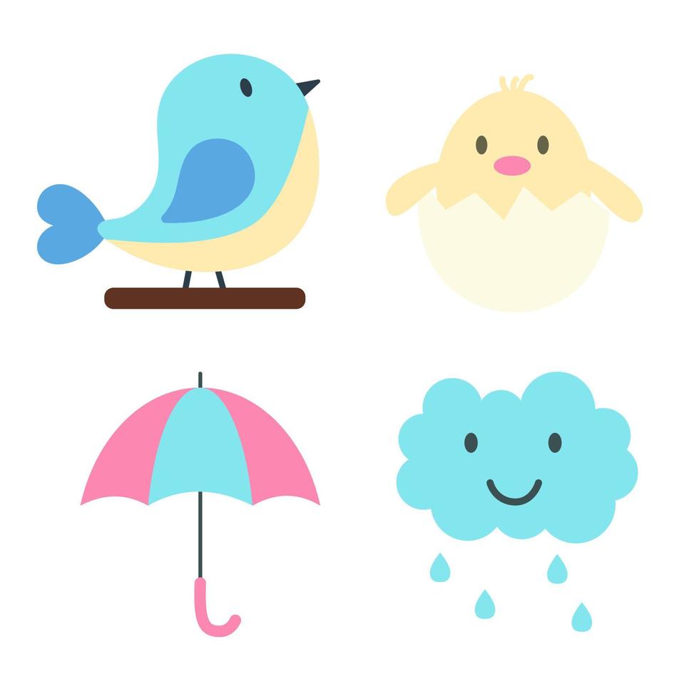 ensemble d'éléments de ressort. oiseau bleu, poussin dans l'oeuf, parapluie et nuage souriant avec des gouttes de pluie. imprimez pour le pack d'autocollants, les vêtements, le textile, le design saisonnier et la décoration. illustration aux couleurs pastel vecteur